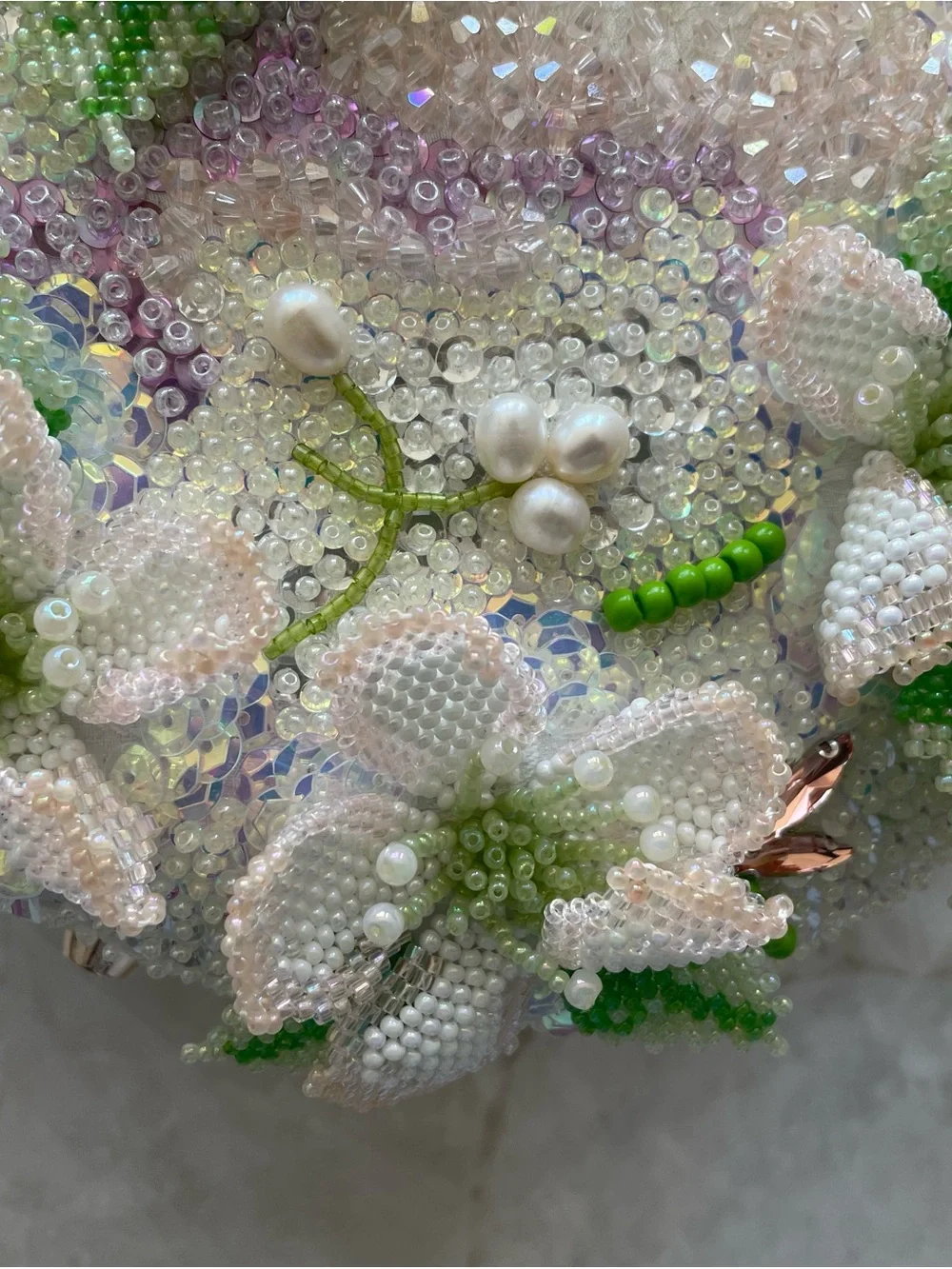 Handcrafted White & Green Floral Beaded Evening Clutch